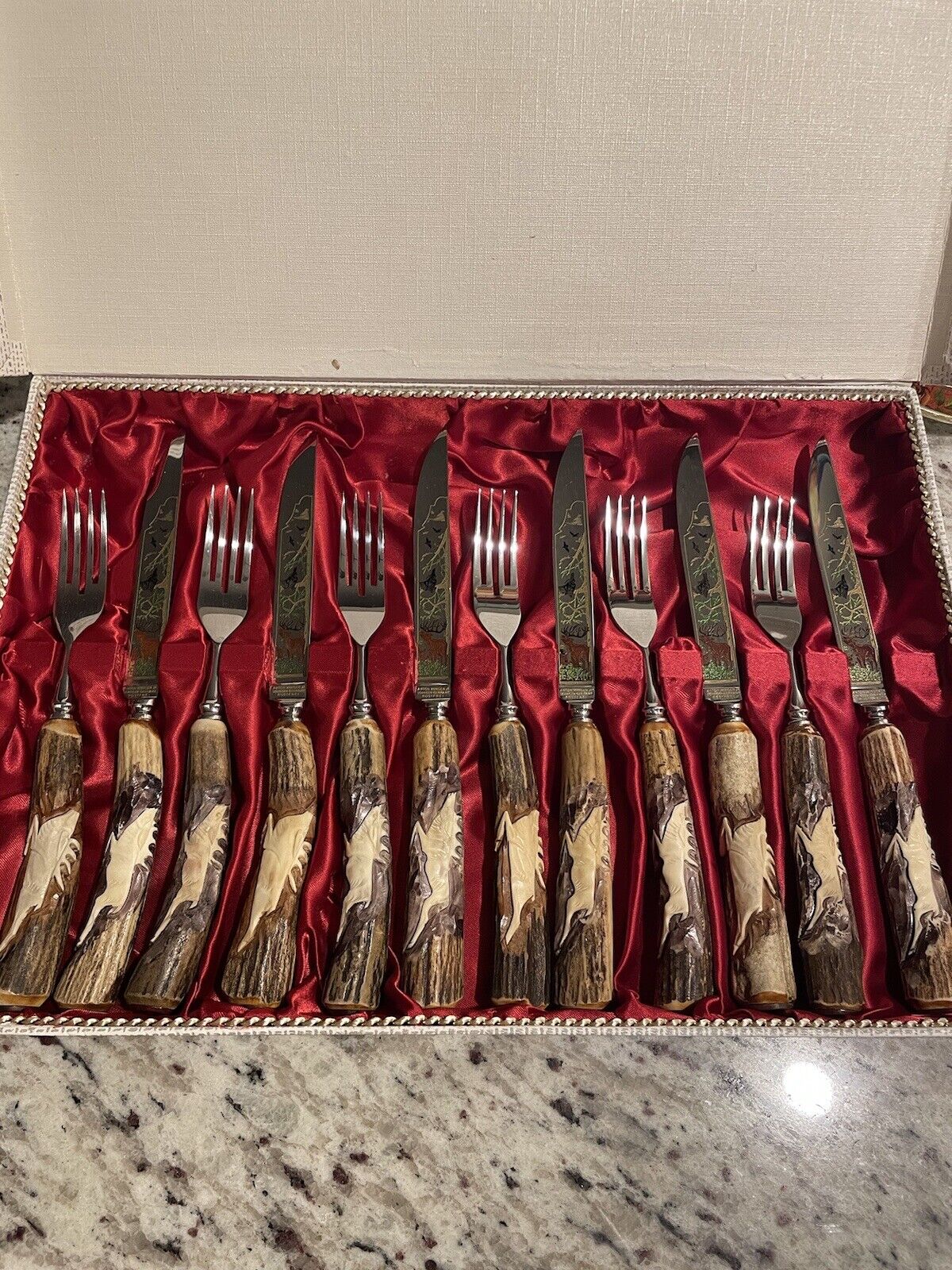 Vtg Anton Wingen Jr Solingen Germany Carved Stag Handle Cutlery 6 Forks Knives
