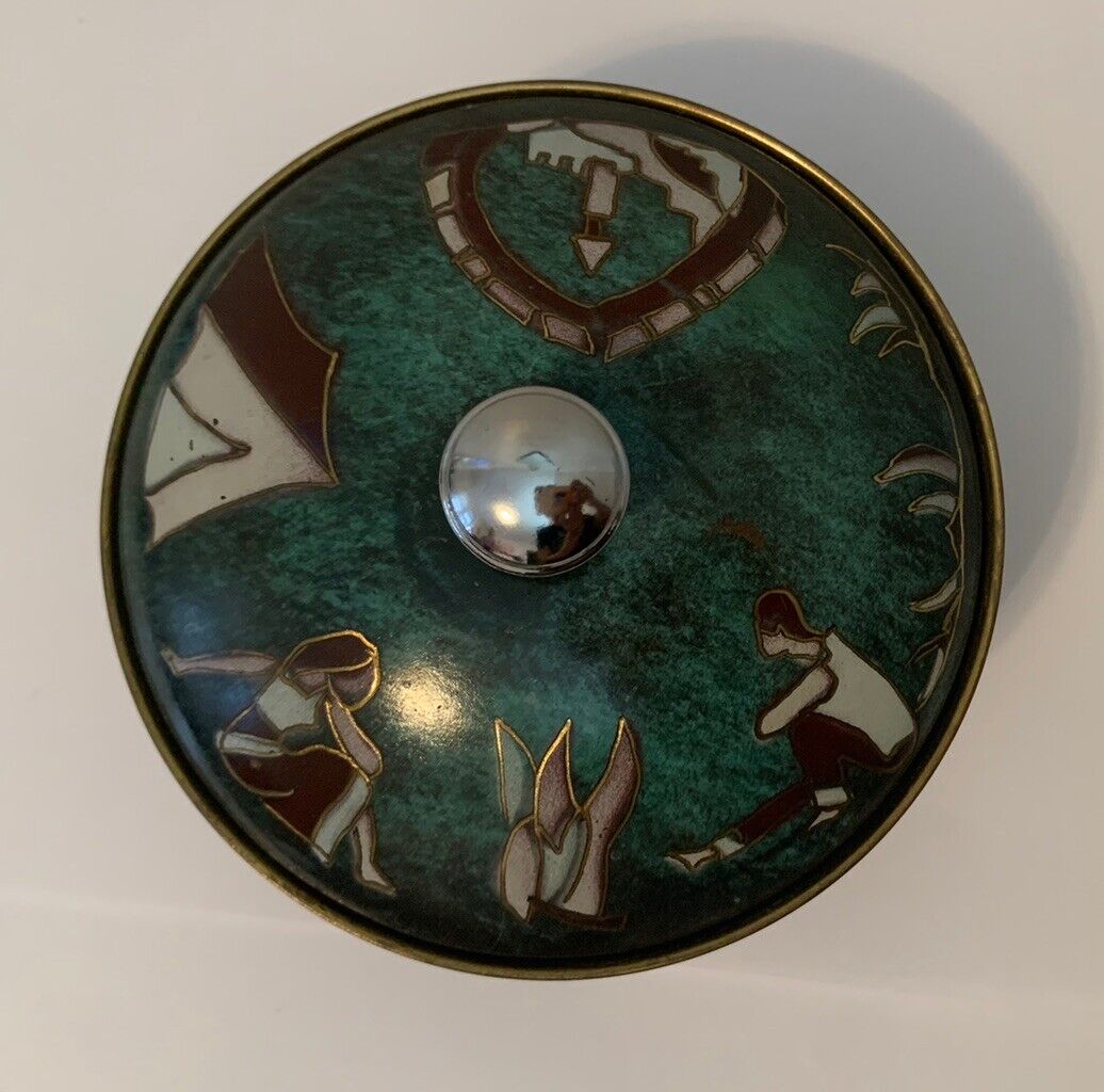 Vtg Hand Painted Round Green   Trinket Box Made in Israel