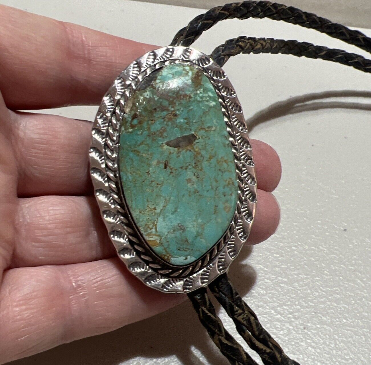 Vintage Native American Bennett Signed Large Turquoise Sterling Silver Bolo Tie