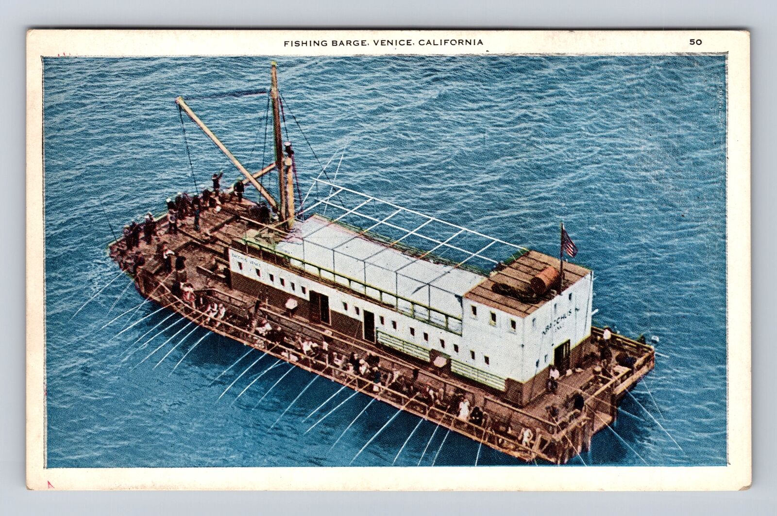 Venice CA- California, Aerial Fishing Barge, Antique, Vintage Souvenir Postcard