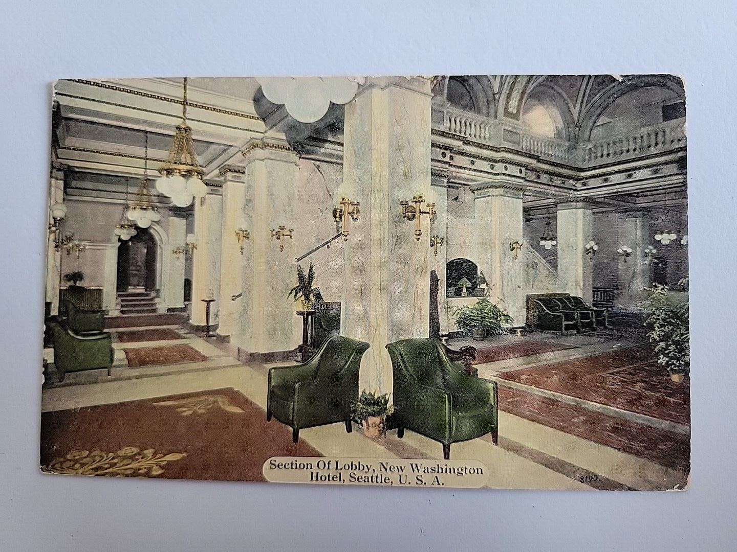 vintage postcard new washington hotel section of lobby seattle 1914 posted stamp