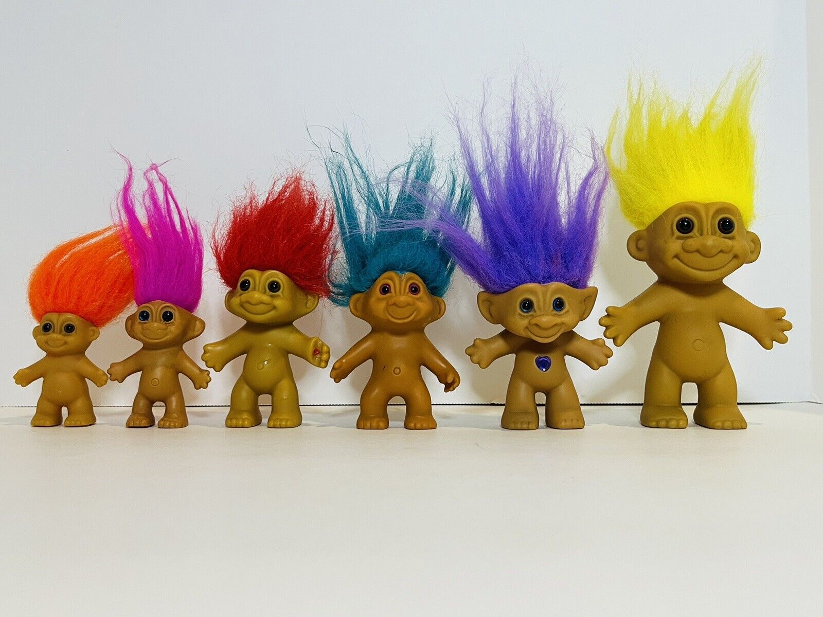 6 Vintage Russ Troll Dolls (Orange, Hot Pink, Turquoise, Purple, Yellow)