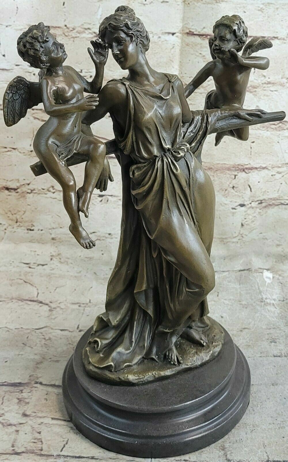 Signed Original Cegazo Depicts Woman and 2 Cherub Bronze Sculpture Statue Figure