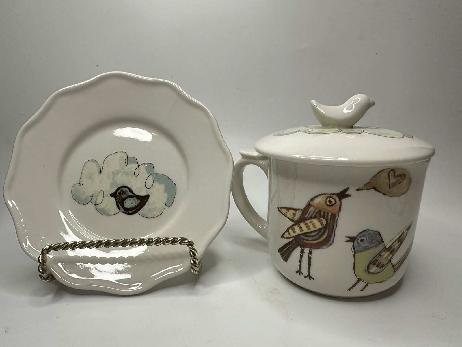 Lori Siebert Whimsical Bird Tea Cup & Saucer with Lid EUC 