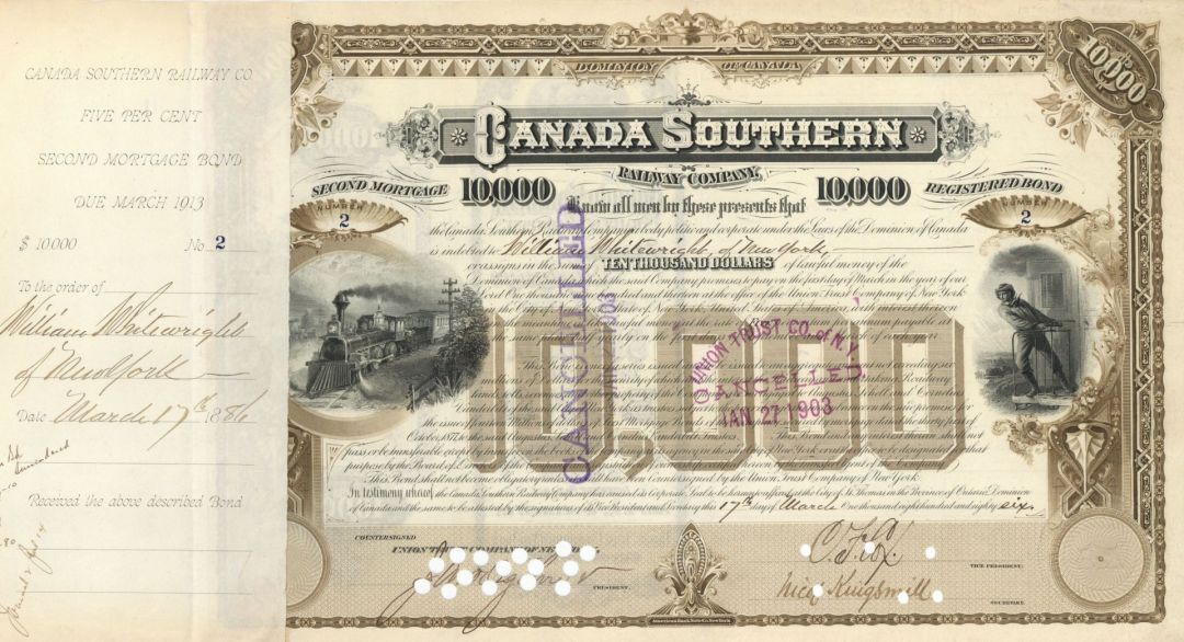 Canada Southern Railway Co. - $10,000 Bond - Railroad Bonds
