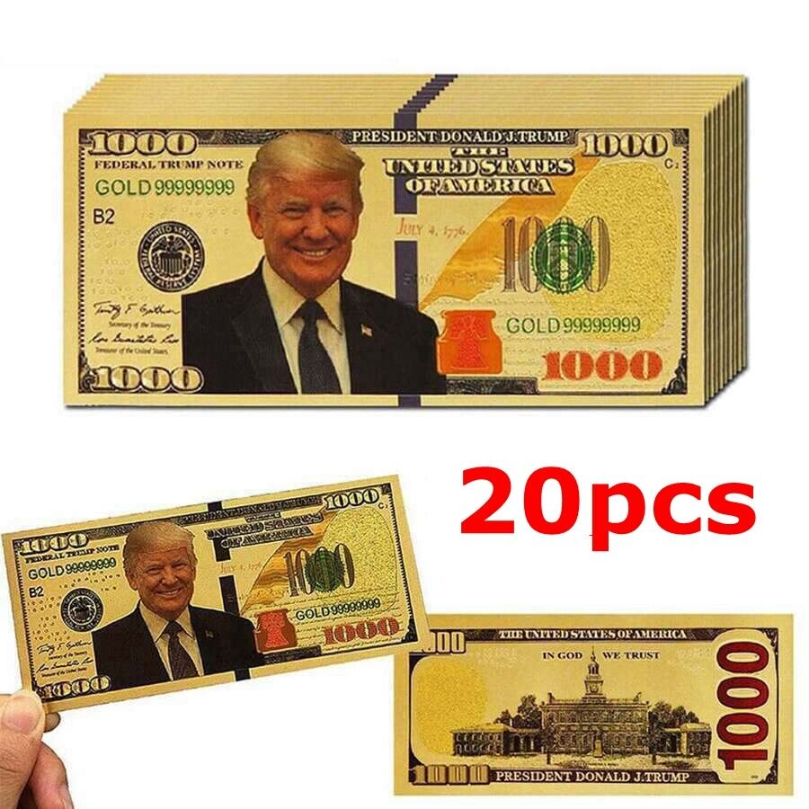 20PC President Donald Trump Colorized $1000 Dollar Bill Gold Foil Banknote