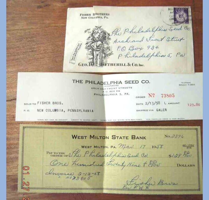 LOT 1958 antique FISHER BROS bank check ENVELOPE philadelphia seed co pa
