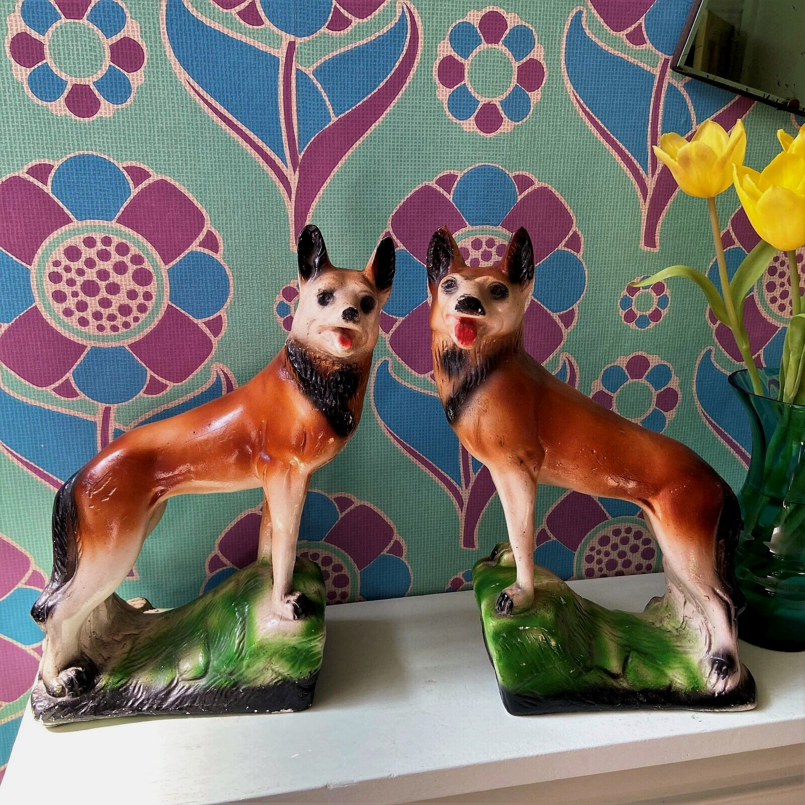 Vintage Pair Art Deco Chalkware German Shepherd Dog Ornaments Kitsch