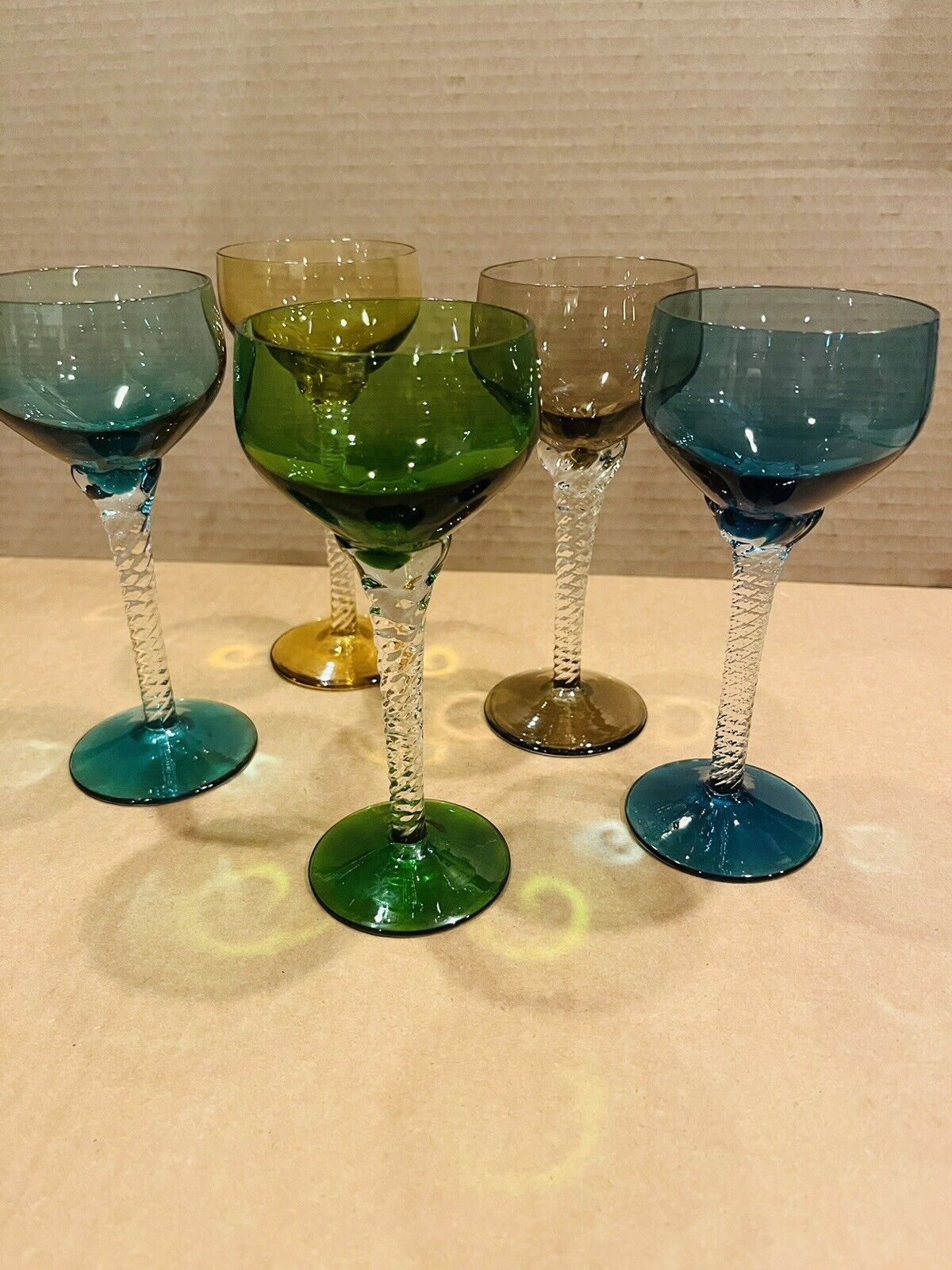5 Vintage MCM? Crystal Twisted Stem Multicolors Wine/Champagne Glasses .QUALITY
