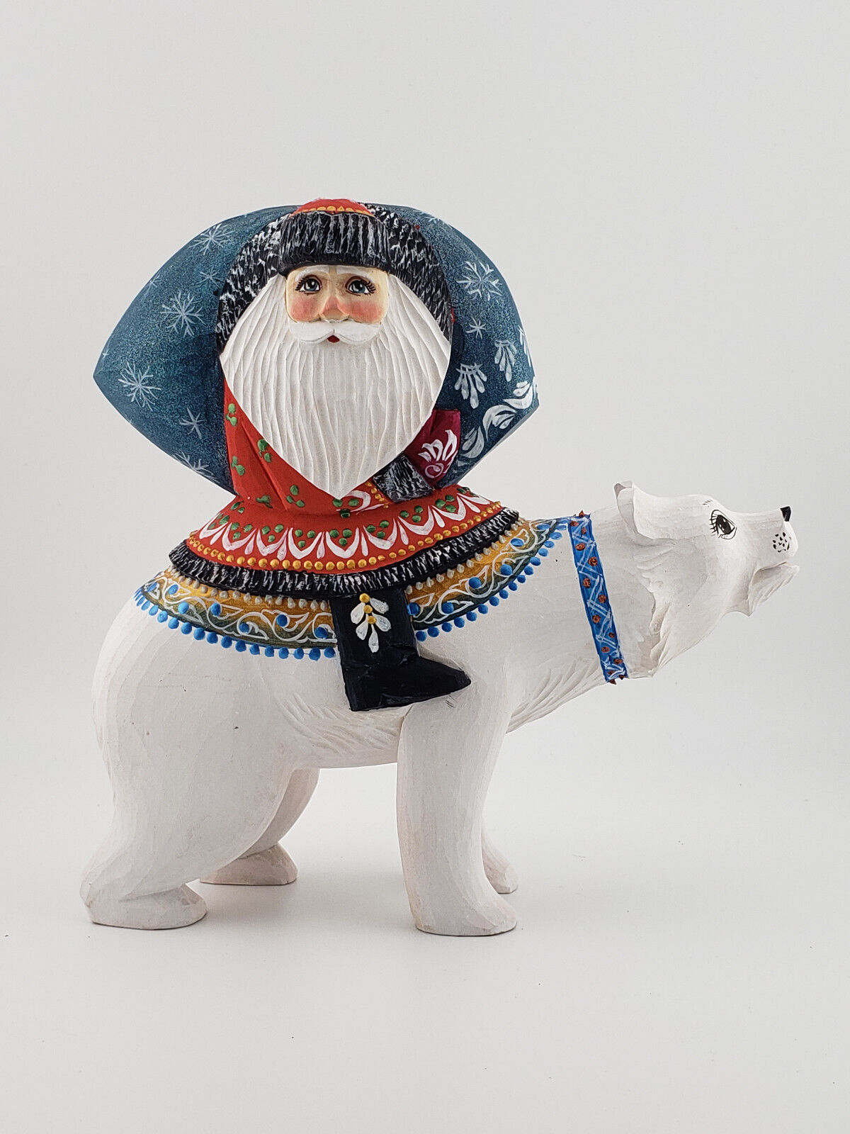 Hand Carved Wooden Santa Riding Polar Bear Russian