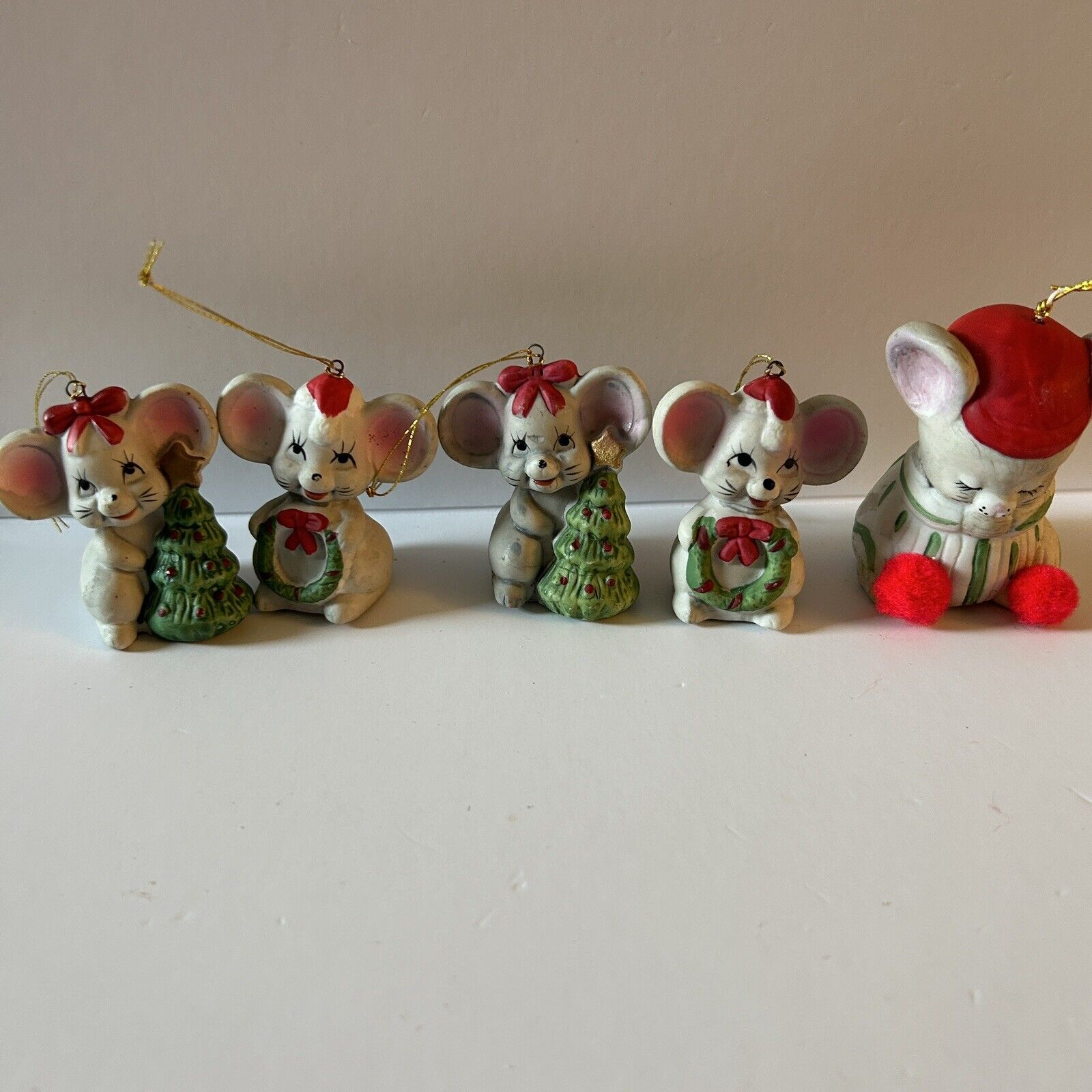Lot Of 5 Vintage Christmas Mice  Porcelain Mouse Ornaments 70s Taiwan Jasco