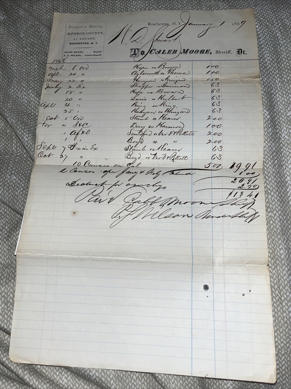 1869 Invoice Rochester New York, Monroe County NY Sheriff Caleb Moore Letterhead