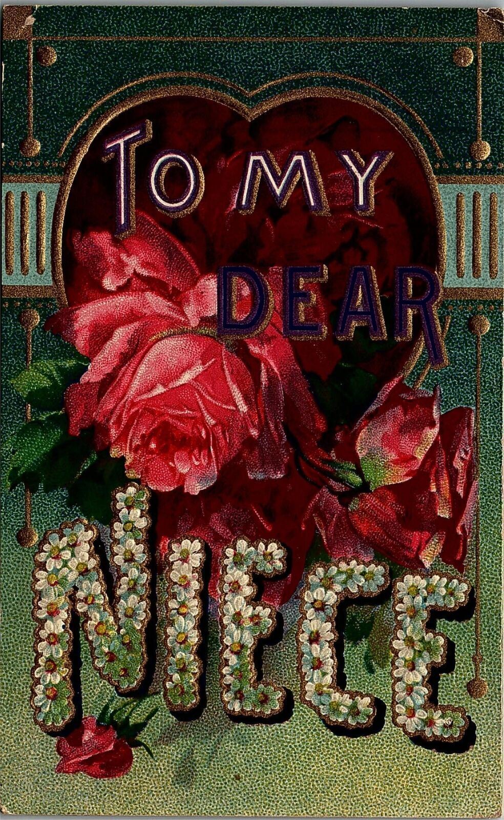 1911 TO MY DEAR NIECE ROSES HEART MOHRSVILLE PA EMBOSSED POSTCARD 26-325