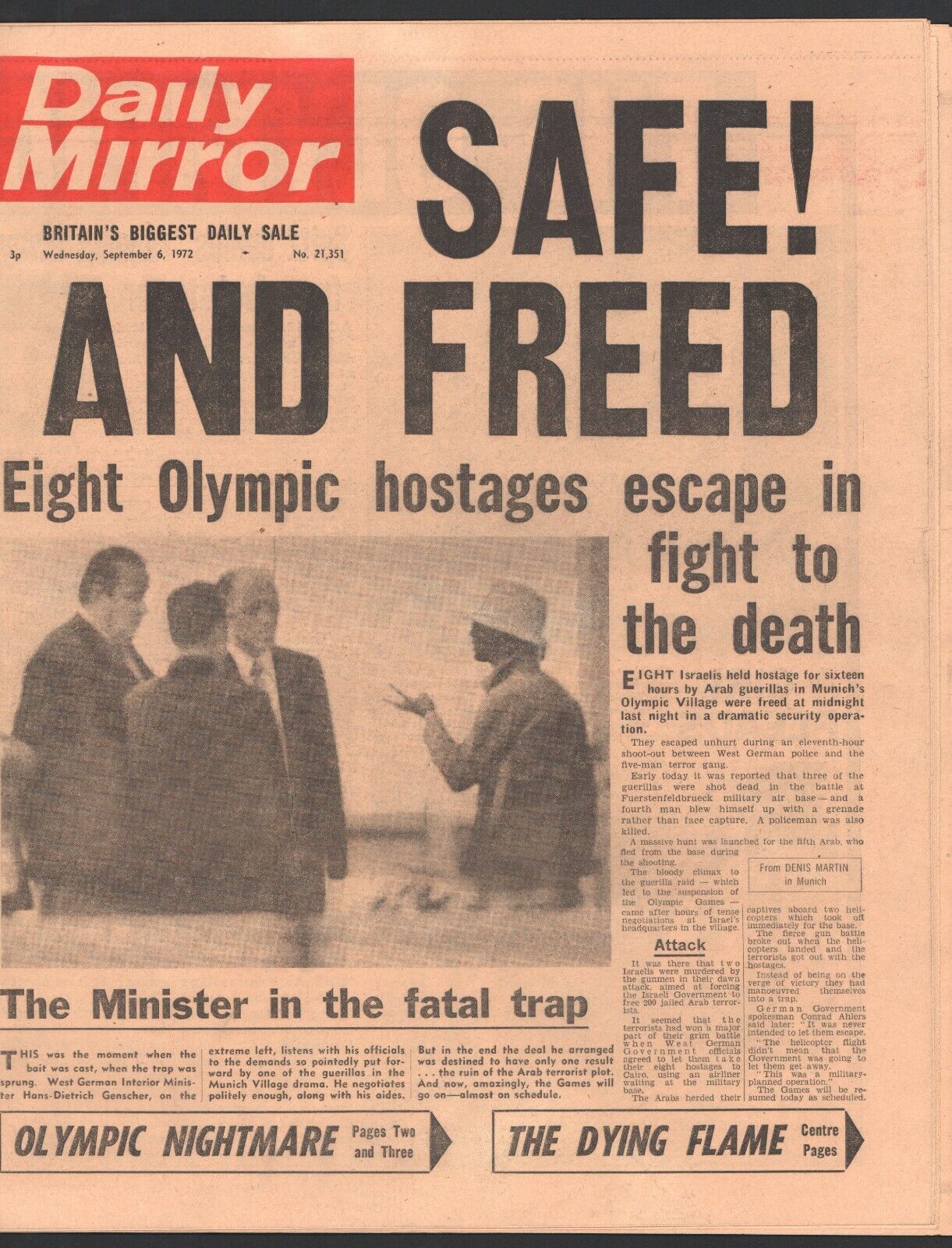Munich Olympic massacre Terror Attack Original Newspaper Sep 6 1972 Daily Mirror