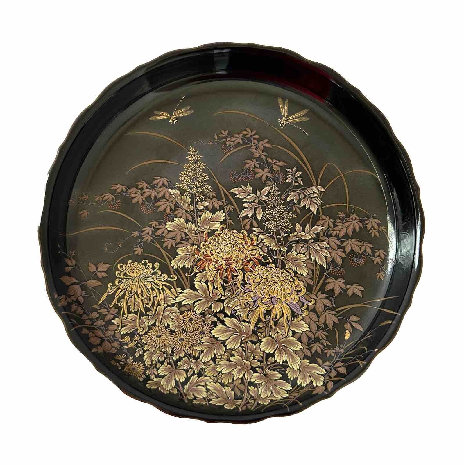 Tenmoku-Kiku Shibata Scalloped Edges Dragonflies Black Porcelain 7.5” Dish