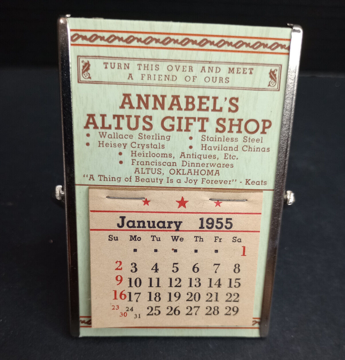 Vintage 1955 ANNABEL'S ALTUS GIFT SHOP Calendar Mirror Complete ~ Altus, OK