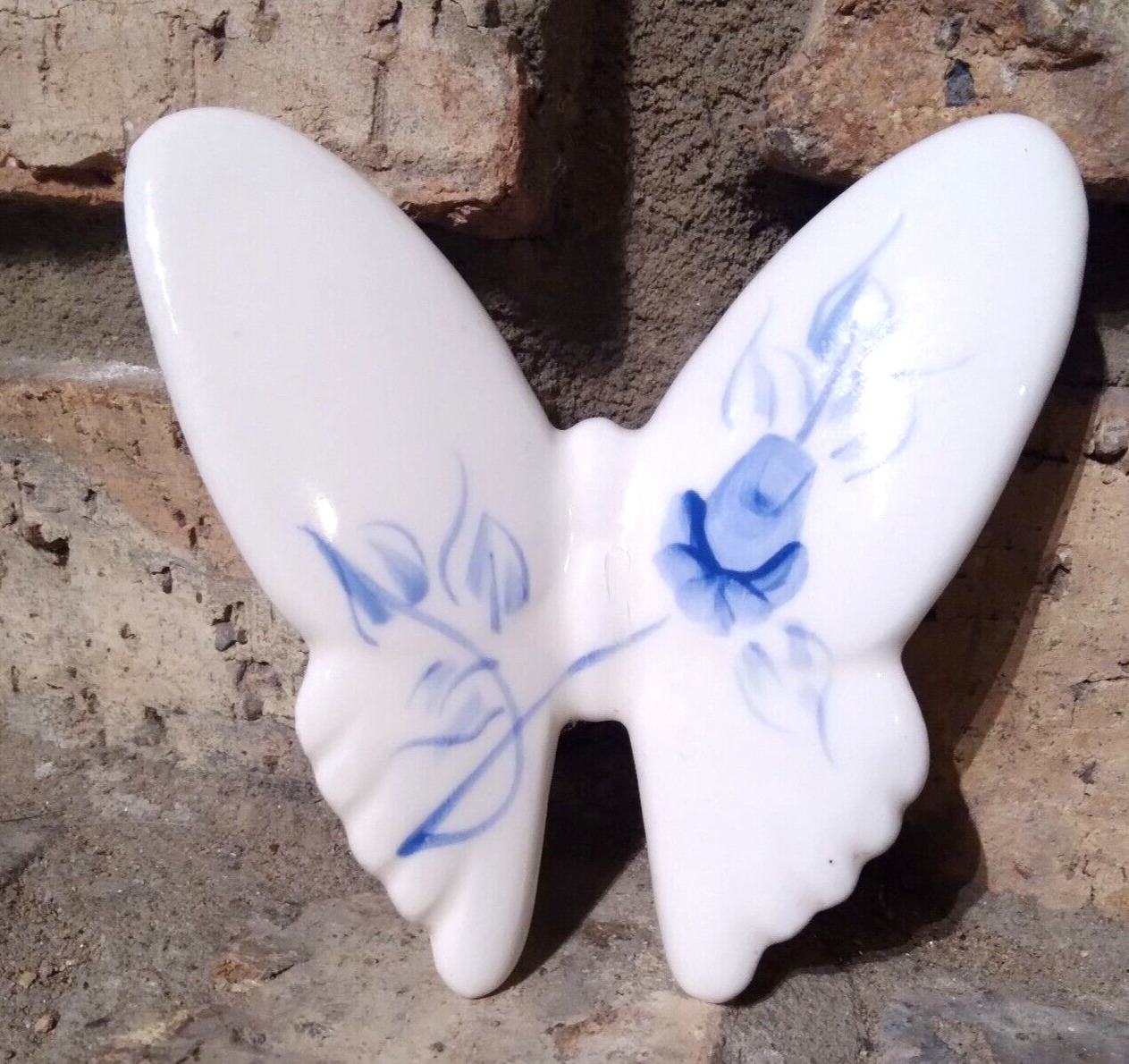 Vintage Ceramic Butterfly Wall Decor White Blue Flower