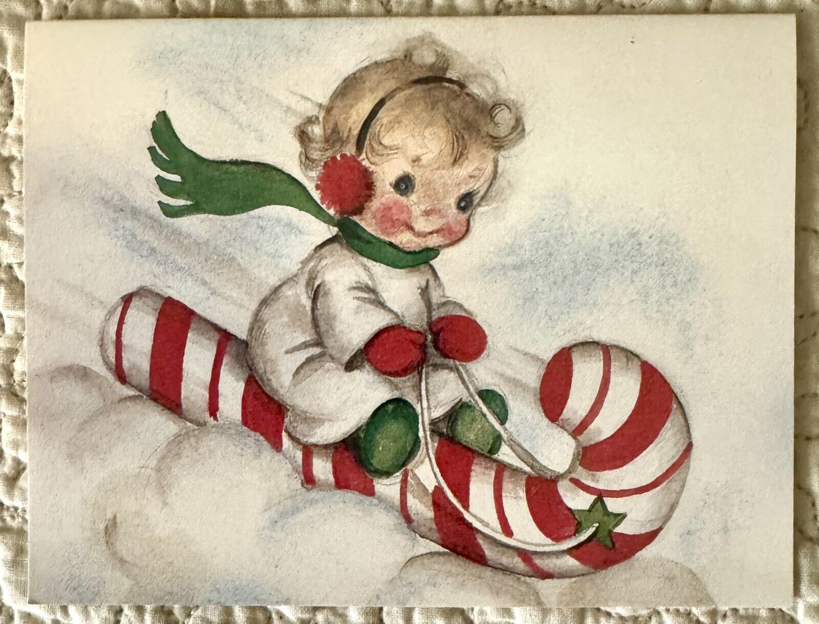 Unused Christmas Child Candy Cane Sled Reproduction Vtg Greeting Card 1970s