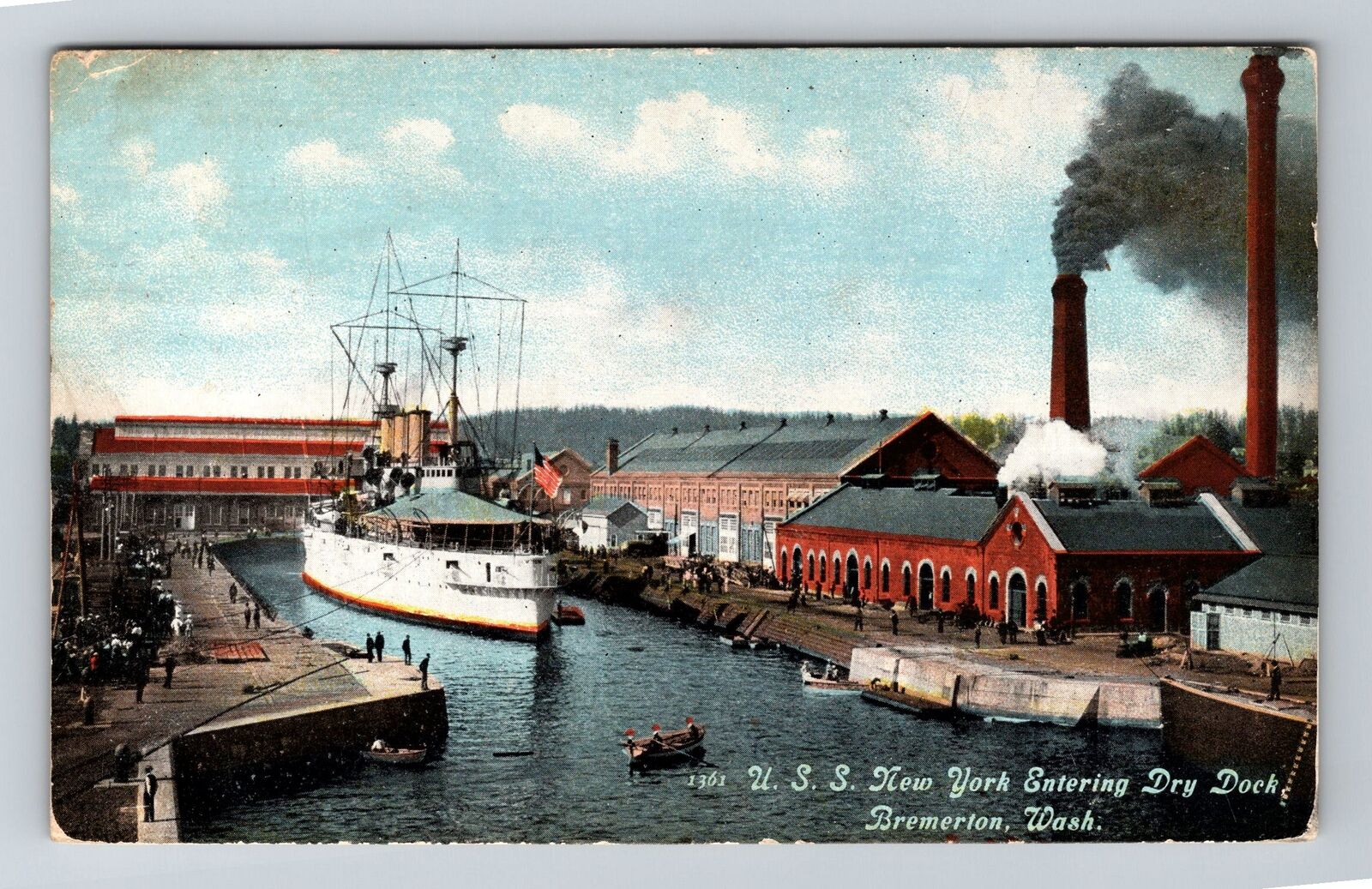Bremerton WA-Washington, USS New York Entering Dry Dock, Vintage Postcard