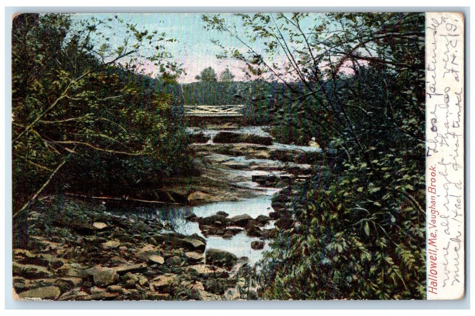 1906 Vaughan Brook River Scene Bridge Hallowell Maine ME Antique Postcard