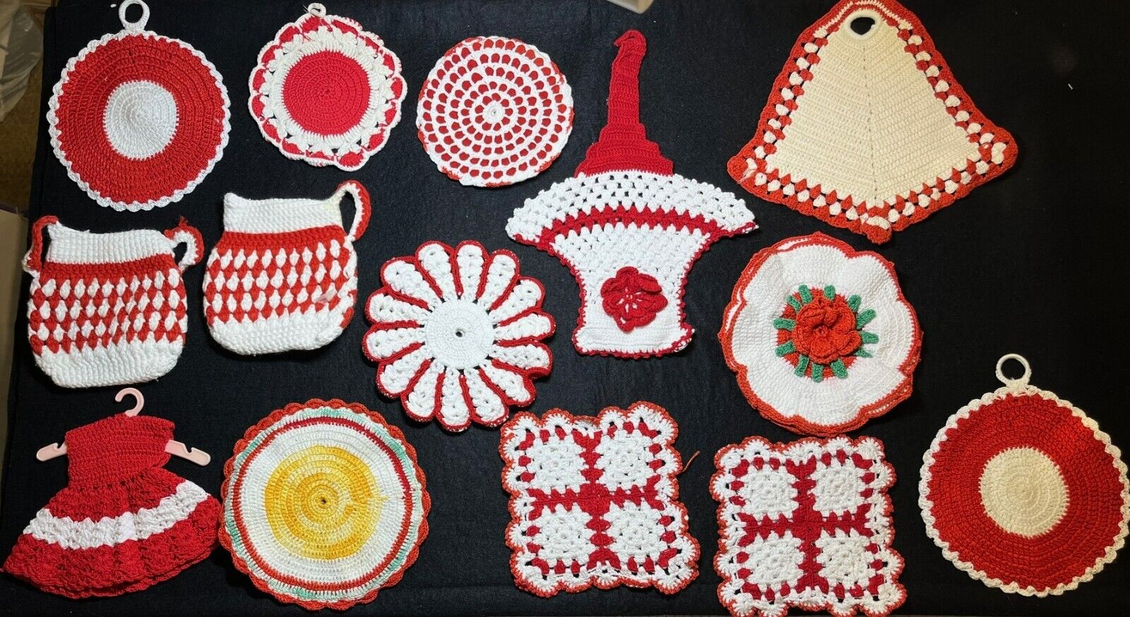 Lot of 14 Vintage Red & White Crocheted Potholders