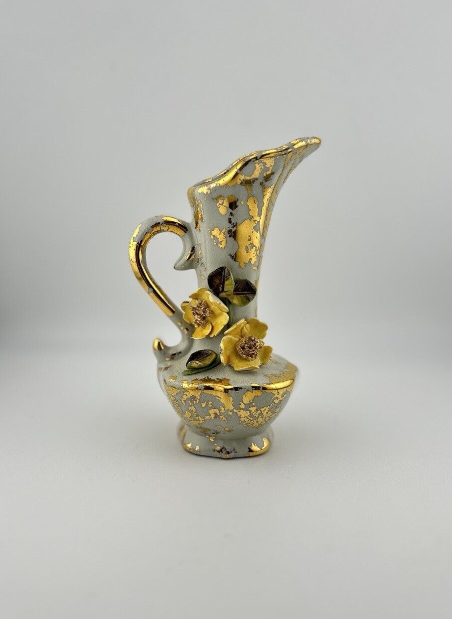 VINTAGE Ohio Ceramics Hand Made Mini Pitcher Vase Ornate Flowers W/ Gold 5.5”