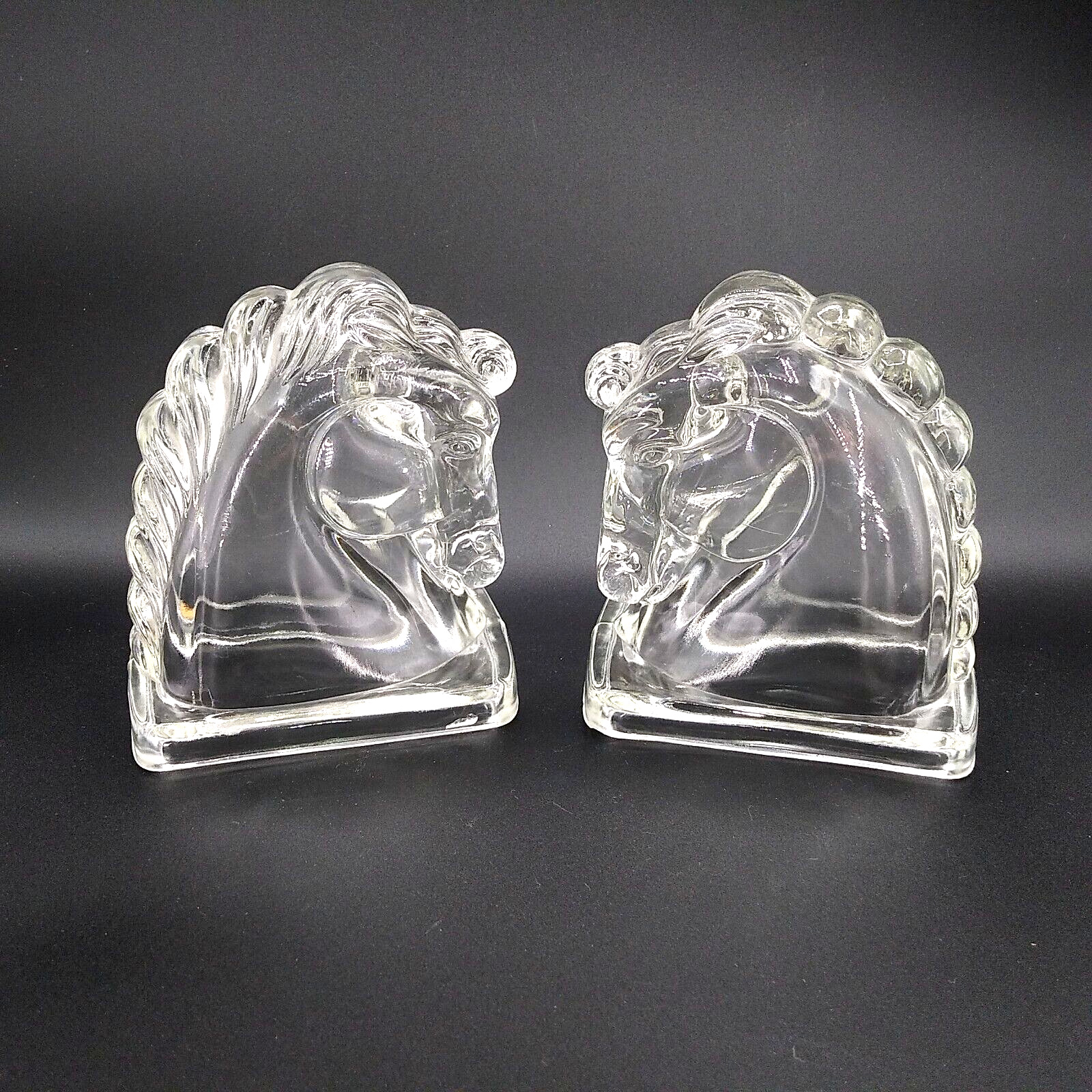 Vintage Set Pair Art Deco 1930s Clear Federal Style Glass Horse Head Bookends