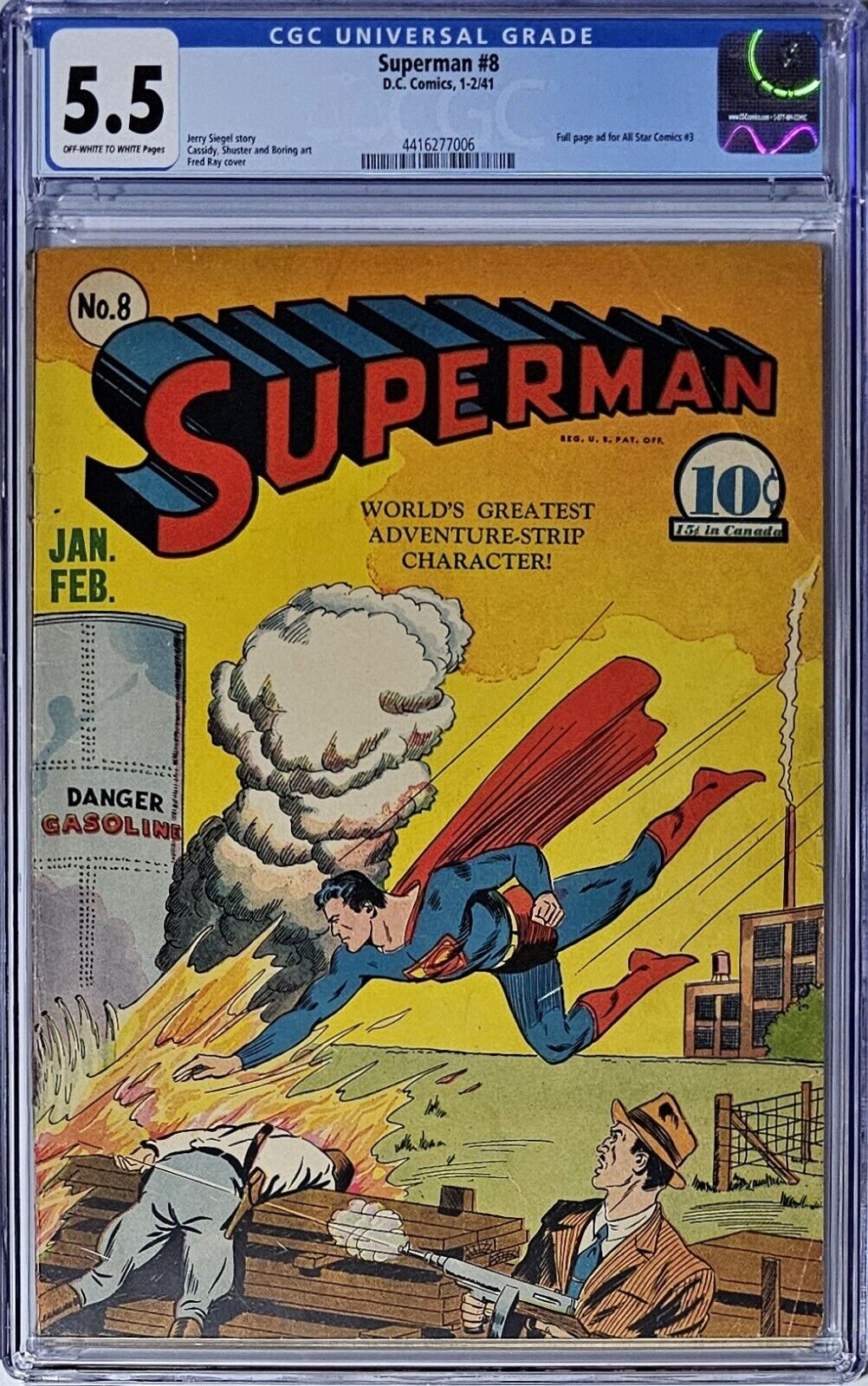 Superman #8 CGC 5.5 D.C. Comics 1941 Classic Fred Ray Cover All Star Comics 3 Ad