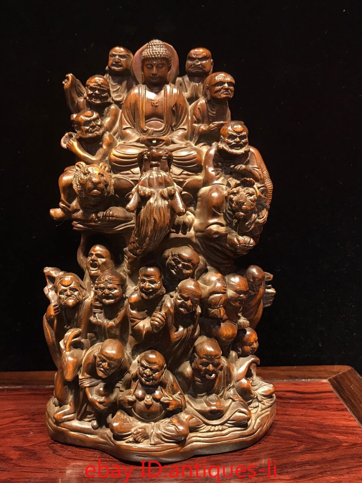 Chinese Antique Boxwood Hand-carved Statue of The Eighteen Luohan