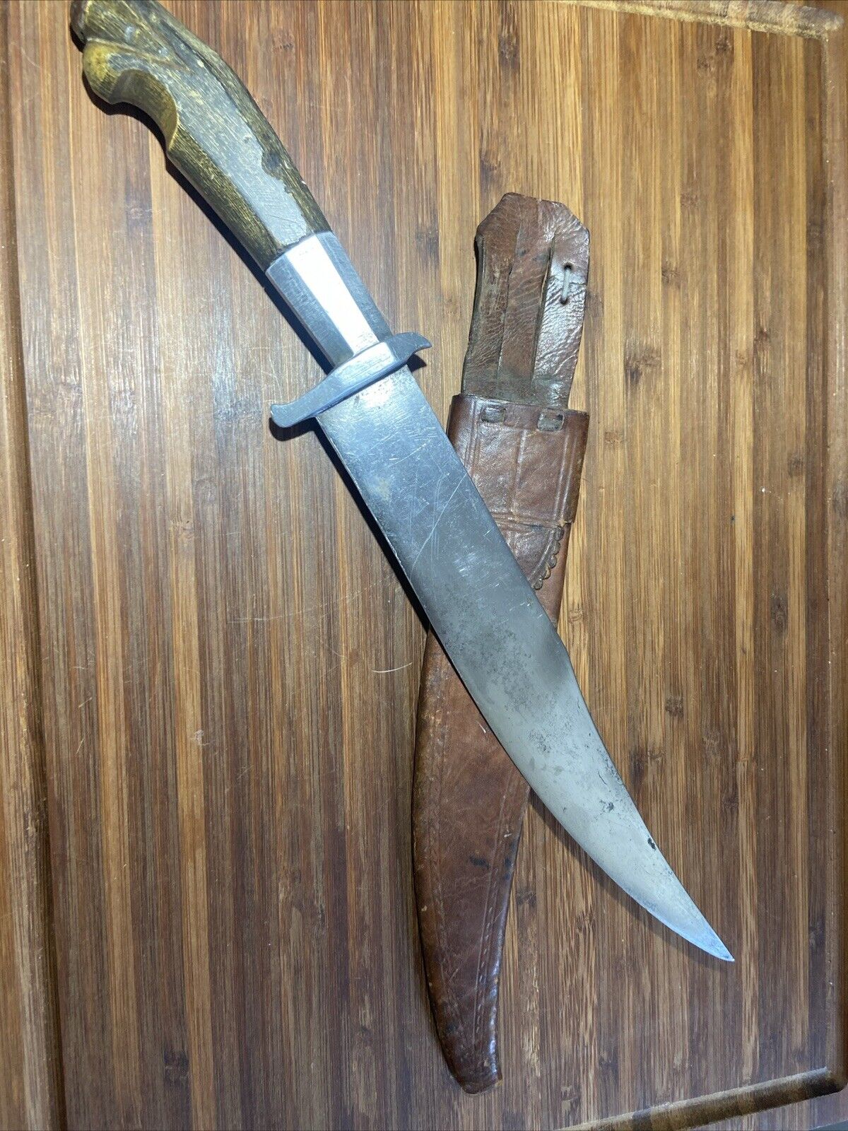 Vintage Philippines Horn Bowie Combat Fighting Knife + Scabbard