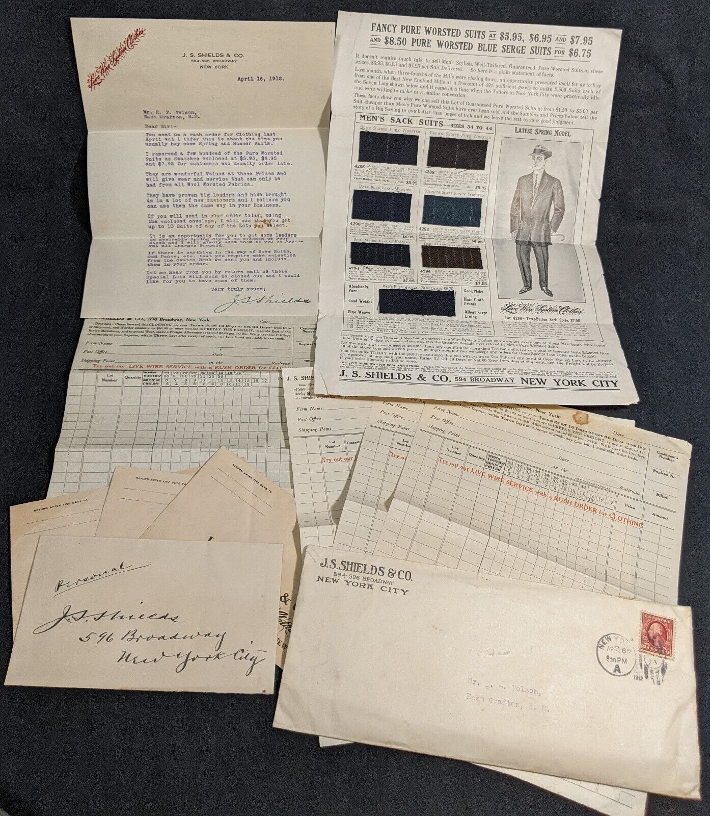 Spring 1912 Suits Ad J.S. Shields w/ Sample Swatches & Letter - Live Wire System