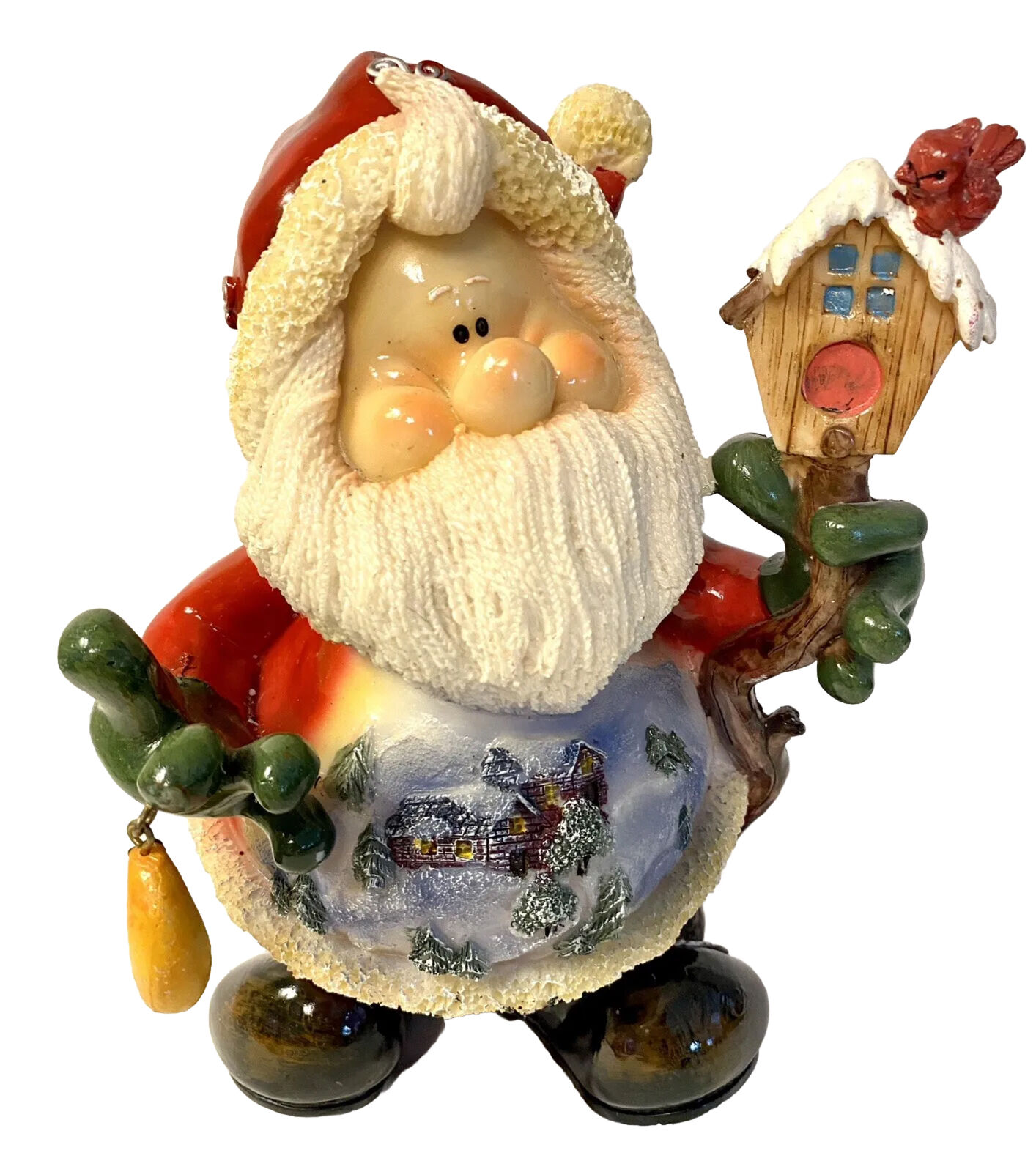 Happy Santa Christmas Figurine With Birdhouse VTG Painted North Pole 8 1/2” Poly