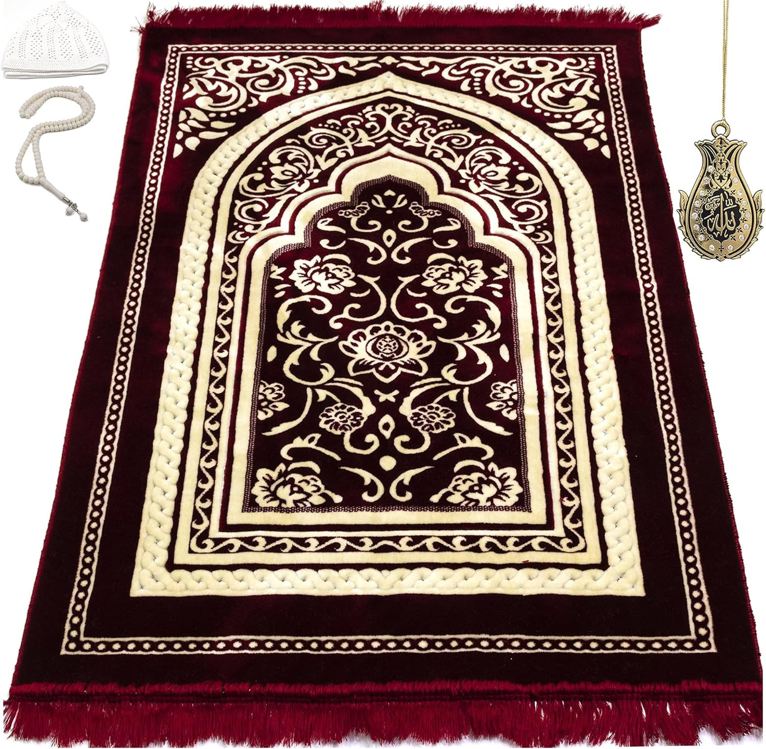 Turkish Islamic Velvet Prayer Rug - Thick & Wide Soft Praying Carpet for Men & W