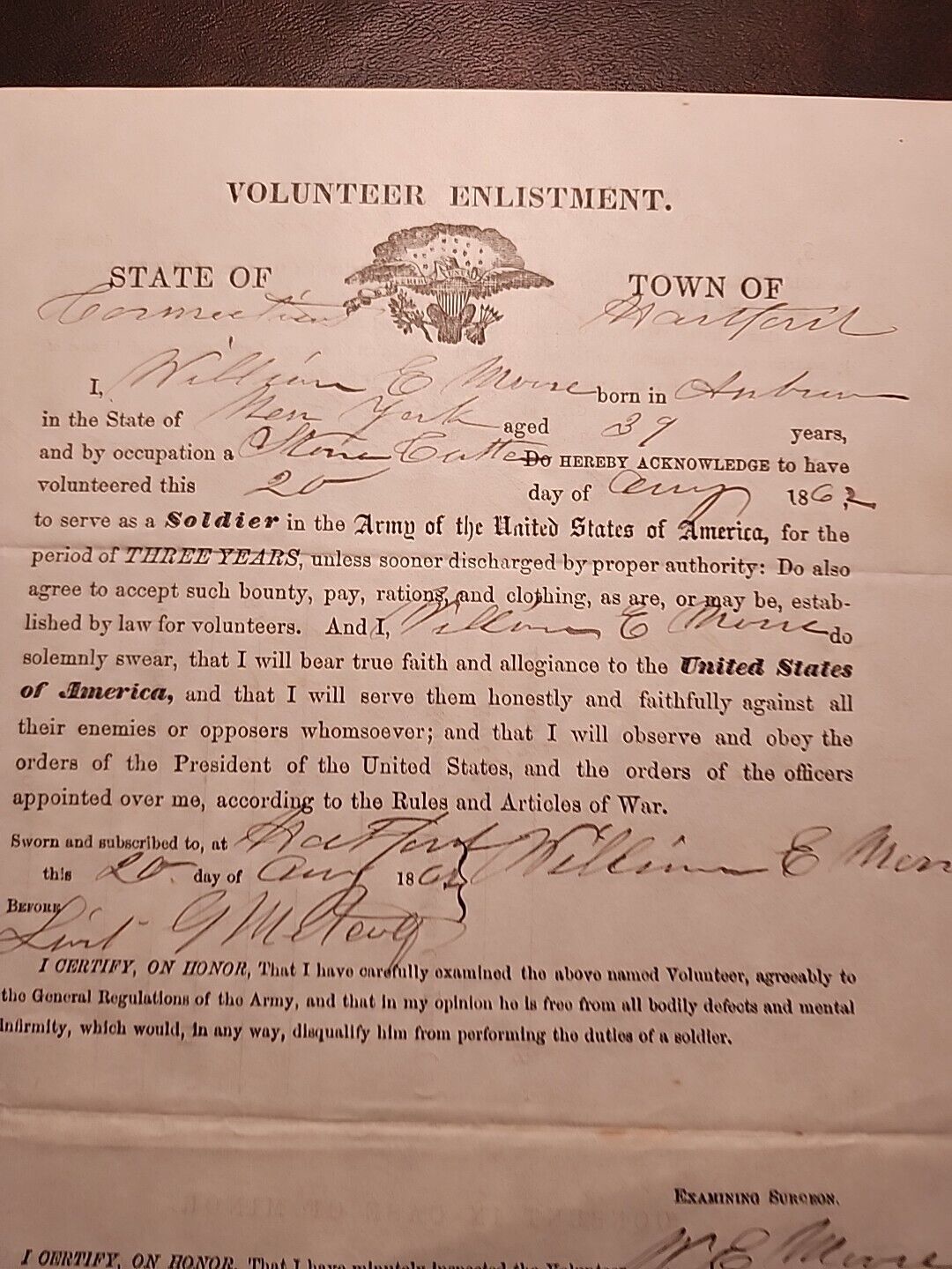 Original 1862 Civil War Volunteer Enlistment Papers Hartford Connecticut JRR12