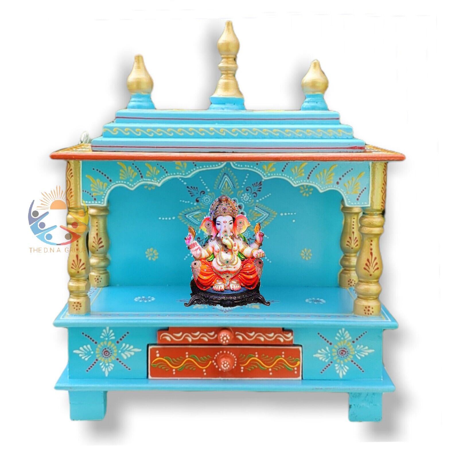 Wooden Temple Mandir For Worship Blue Hand Painted Pooja Ghar Mandap with drawer
