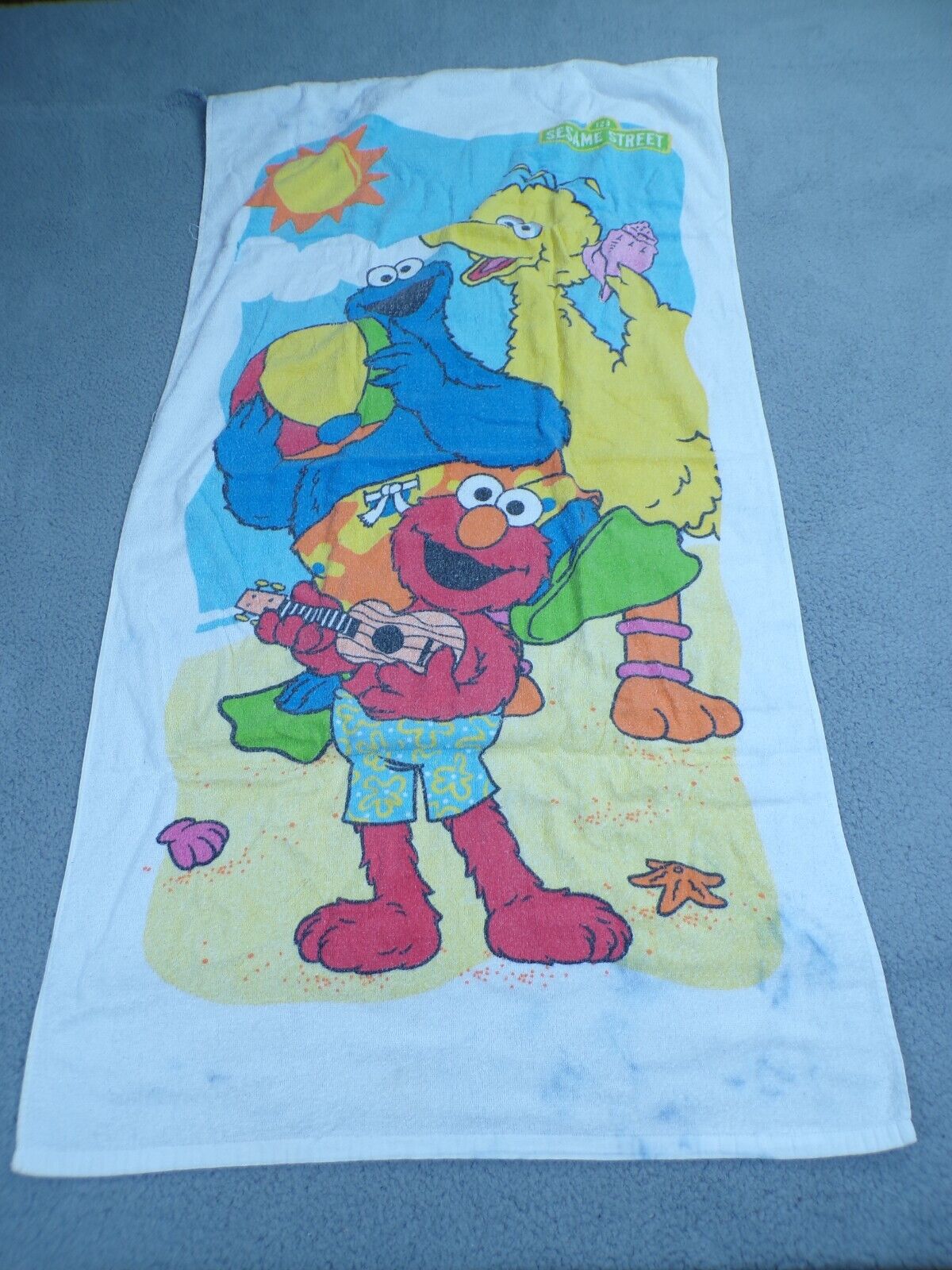 Vintage Sesame Street Beach Bath Shower Towel Jim Hensen Big Bird Cookie Monster
