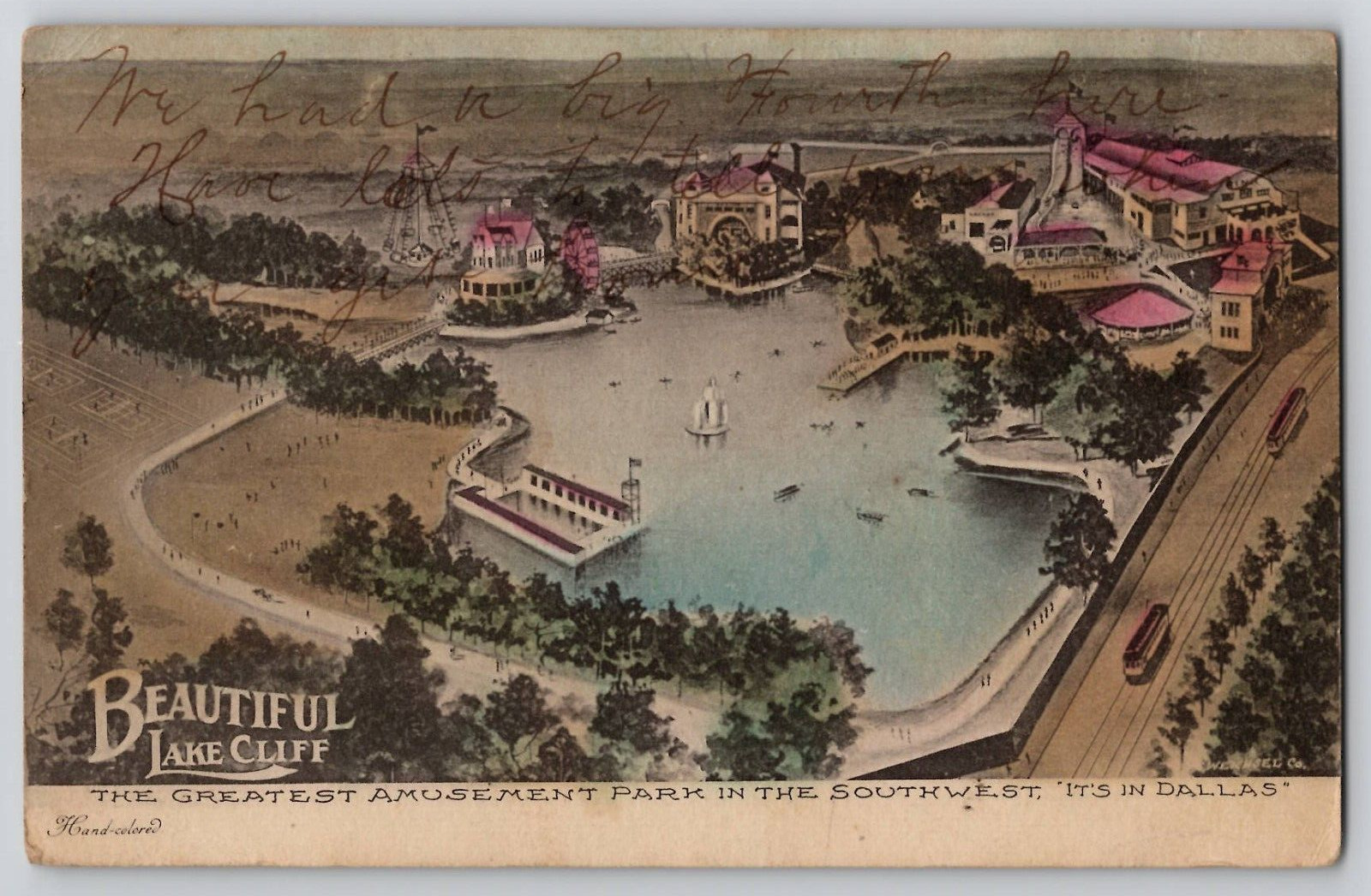 1907 Oak Cliff Dallas, Beautiful Lake Cliff Amusement Park Hand Colored Postcard