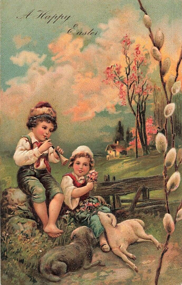 c1910 Old World Children Sheep Clarinet  Embossed Easter P386