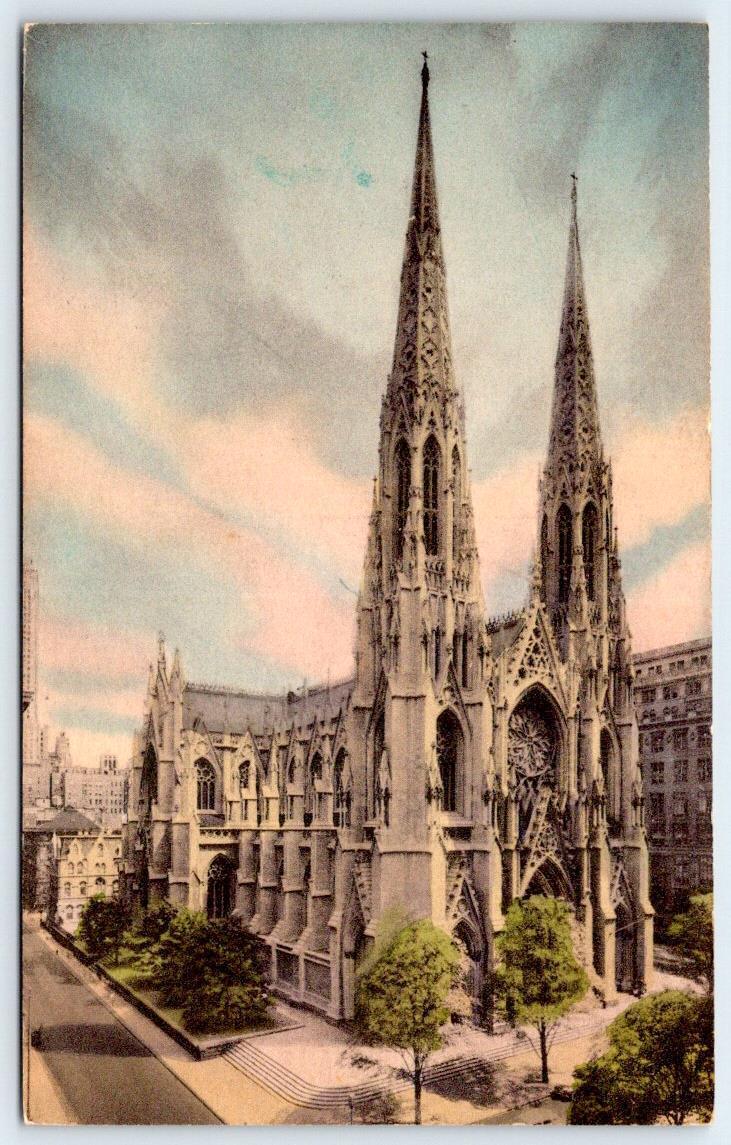 1940-50's ST PATRICK'S CATHEDRAL HANDCOLORED POSTCARD**PRINTER SPELLING ERROR**