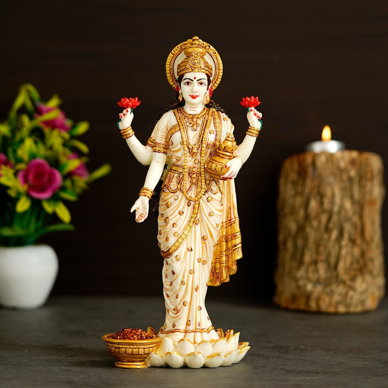 Goddess Laxmi Standing on Lotus Idol Statue Sculpture & Figurine Murti for Gift