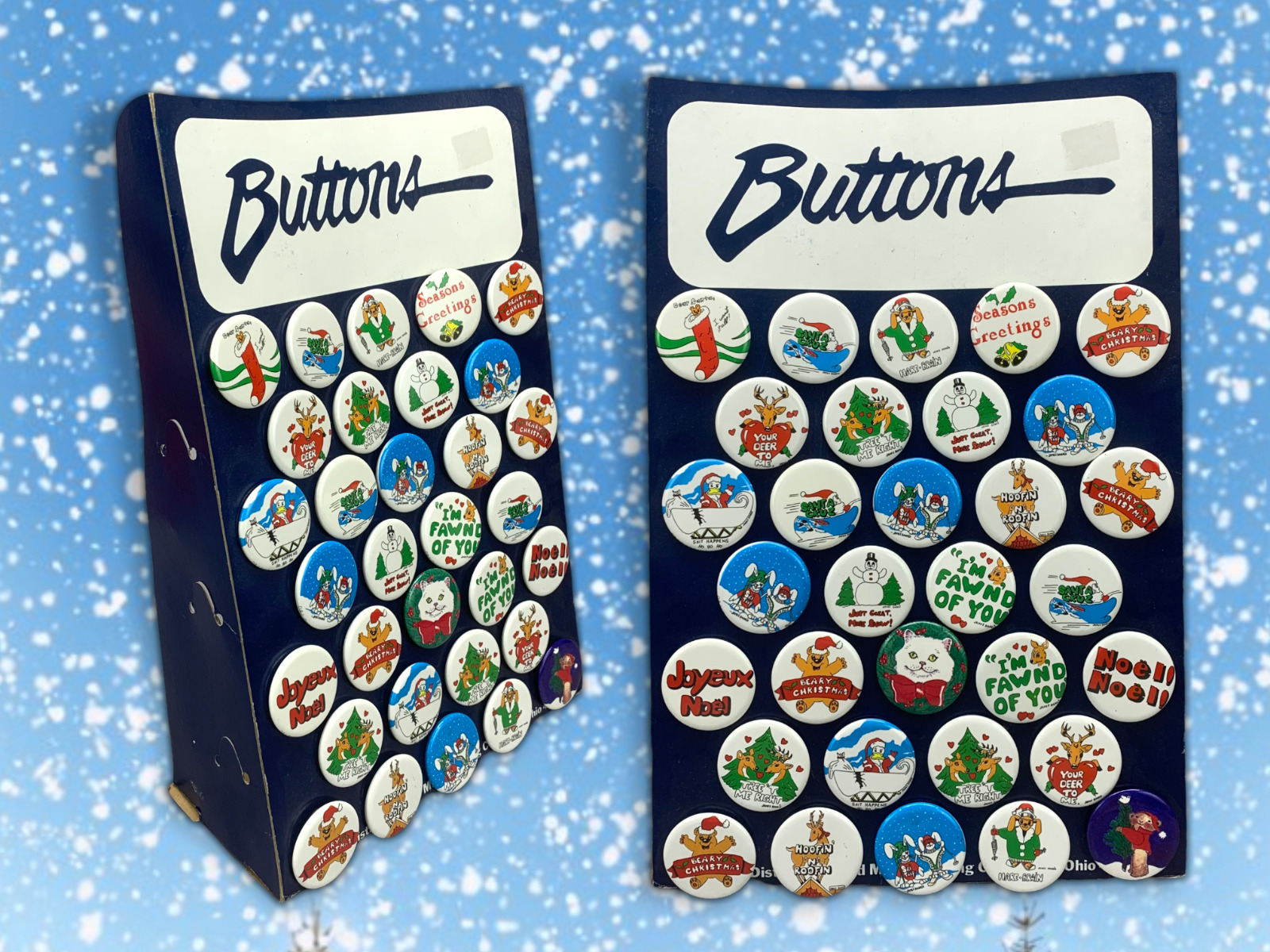 1980s Vintage Christmas Pinback Button Display Set of 32 Holiday Buttons by D&J 