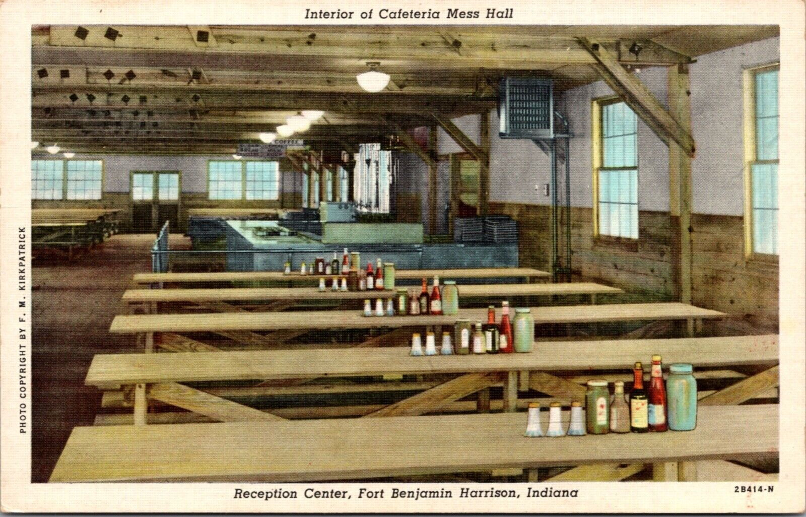 Linen Postcard Interior of Cafeteria Mess Hall Fort Benjamin Harrison, Indiana