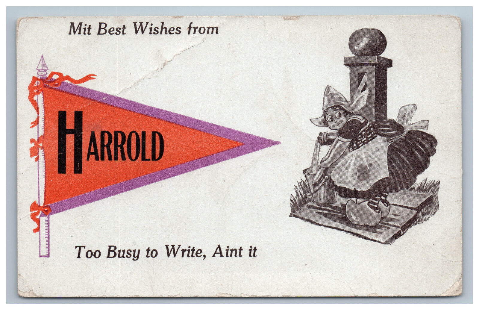 1912 Harrold SD Pennant Postcard Mit Best Wishes from Dutch Girl Water Well Pump