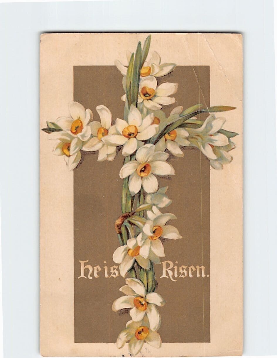 Postcard He Is Risen Easter Holiday Greeting Card Flower Cross Art Print