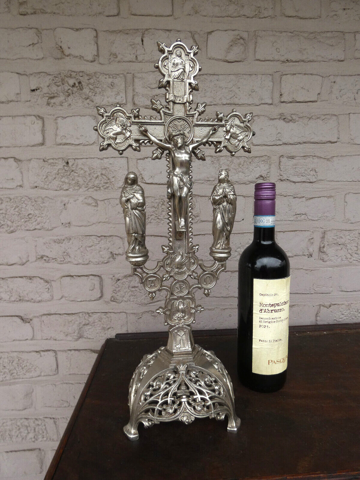 Vintage Belgian Spelter metal Calvary 4 evangelist symbol crucifix