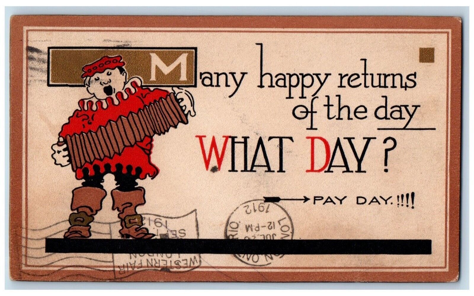 1912 Man Costume Pay Day Accordian Webster Massachusetts MA Antique Postcard