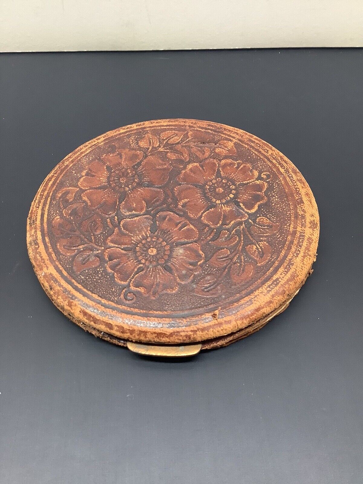 Antique Hand Tooled Leather Wrapped Powder Compact Large 4.5” Floral Design