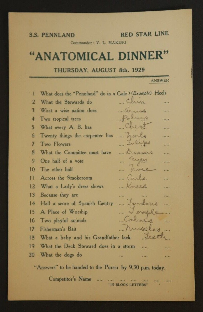 1929 S.S. Pennland Red Star Line Steamship Anatomical Dinner Program Sheet Card