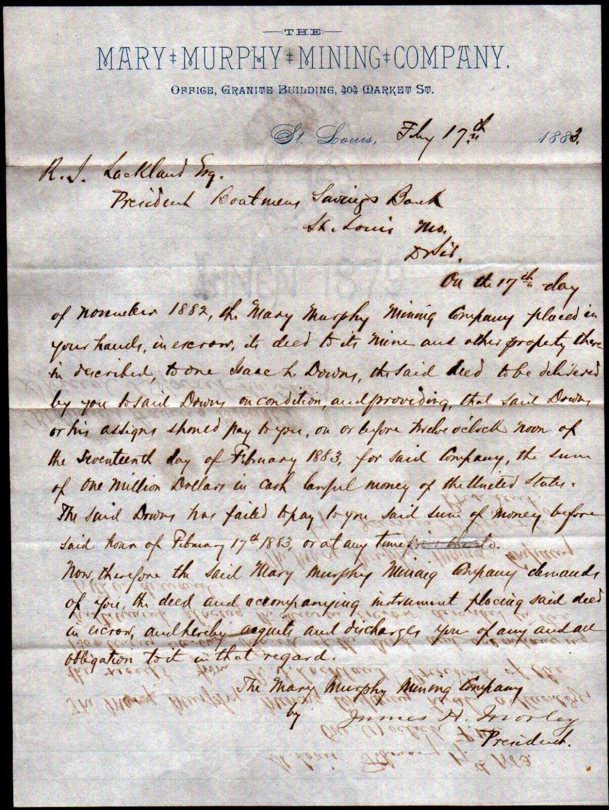 1883 St Lous Mo - Mary Murphy Mining Co - Rare Letter Head Bill