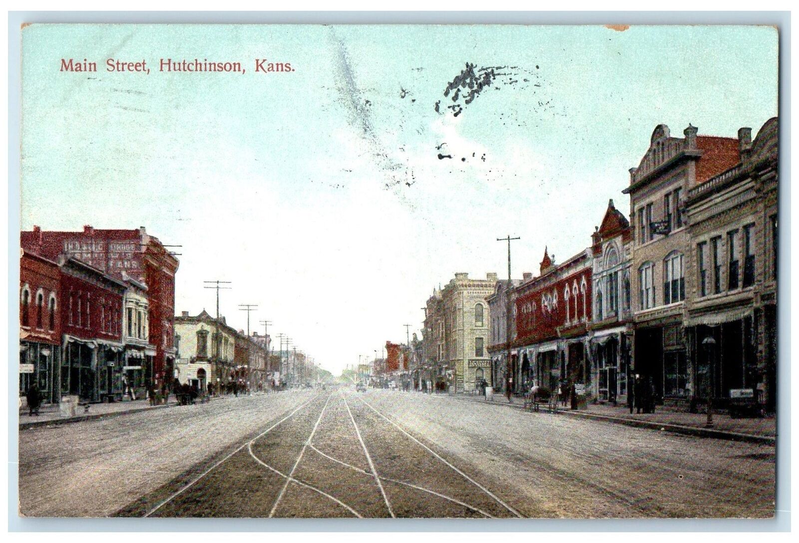 1910 Main Street Business Section Hutchinson Kansas KS Posted Carriages Postcard